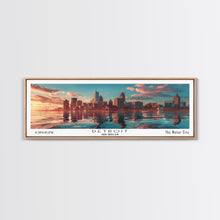 Load image into Gallery viewer, Detroit Michigan Panoramic Painting, Mid Century Modern Framed Canvas Print, Retro Pop Art Travel Poster, City Wall Decor, Home Art