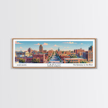 Cargar imagen en el visor de la galería, Fargo North Dakota Panoramic Painting, Mid Century Modern Framed Canvas Print, Retro Pop Art Travel Poster, City Wall Art