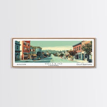 Load image into Gallery viewer, Vallejo California Panoramic Art, Mid Century Modern Framed Canvas Print, Retro Pop Art Travel Poster, City Print, Living Room Wall Decor
