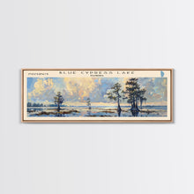 Load image into Gallery viewer, Blue Cypress Lake Florida Framed Canvas Print, Lake House Art, Panoramic Scenic View, Travel Poster, Modern Decor, Lake Painting