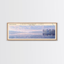 Cargar imagen en el visor de la galería, Chautauqua Lake New York Framed Canvas Print, Lake House Art, Panoramic Wide Wall Art, Travel Poster, Modern Lake Painting, Nature Art