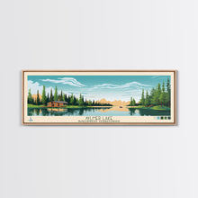 Load image into Gallery viewer, Aylmer Lake Northwest Territories Framed Canvas Print, Panoramic Travel Poster, Midcentury Modern Wall Art, Pop Art, Lake House Decor