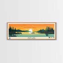 Load image into Gallery viewer, Basin Lake Saskatchewan Framed Canvas Print, Panoramic Wall Art, Midcentury Modern Lake House Decor, Pop Art, Travel Poster, Scenic Living Room Art