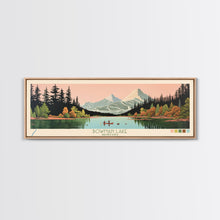Load image into Gallery viewer, Bowman Lake Montana Framed Canvas Print, Panoramic Wall Art, Midcentury Modern, Pop Art, Travel Poster, Scenic Living Room Art, Lake House Decor