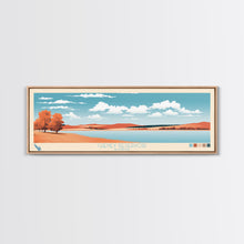Load image into Gallery viewer, Cheney Reservoir Kansas Framed Canvas Print, Midcentury Modern Panoramic Wall Art, Living Room Decor, Pop Art, Travel Poster Art, Scenic Nature Painting, Lake House Decor
