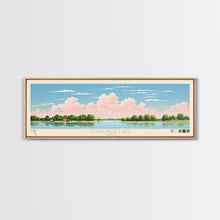 Load image into Gallery viewer, Coralville Lake Iowa Framed Canvas Print, Midcentury Modern Panoramic Wall Art, Living Room Decor, Pop Art, Travel Poster Art, Scenic Nature Painting, Lake House Decor