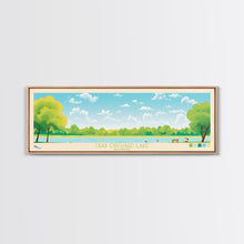Load image into Gallery viewer, Crab Orchard Lake Illinois Framed Canvas Print, Midcentury Modern Panoramic Wall Art, Living Room Decor, Pop Art, Travel Poster Art, Scenic Nature Painting, Lake House Decor