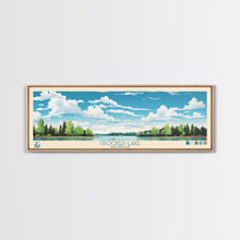 Load image into Gallery viewer, Crooked Lake Michigan Framed Canvas Print, Pop Art Panoramic Travel Poster, Midcentury Modern, Wall Art, Scenic Nature Painting, Bedroom Decor, Living Room Art