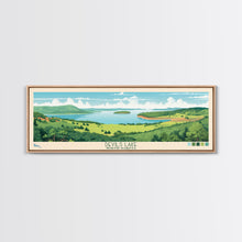 Load image into Gallery viewer, Devils Lake North Dakota Framed Canvas Print, Midcentury Modern Panoramic Wall Art, Living Room Decor, Pop Art, Travel Poster Art, Scenic Nature Painting