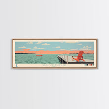 Load image into Gallery viewer, West Okoboji Lake, Iowa Panoramic Framed Canvas Print, Lake House Art, Midcentury Modern Decor, Pop Art, Travel Poster, Bedroom Wall Art