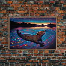 Carregar imagem no visualizador da galeria, Cute beaver swimming at midnight, vaporwave aesthetic animal print art, starry night beaver, framed canvas print