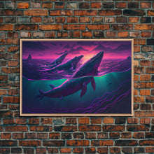 Carregar imagem no visualizador da galeria, 3 Blue Whales Breaching at Sunset, vaporwave synthwave ocean art, framed canvas print
