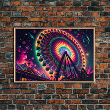 Cargar imagen en el visor de la galería, Colorful boardwalk art, neon lit night time ferris wheel, framed canvas print, framed wall art