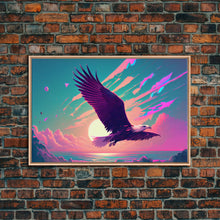 Carregar imagem no visualizador da galeria, Bald eagle in flight, vaporwave sunset, vaporwave art, framed canvas print, pink and turquoise art