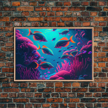Load image into Gallery viewer, Coral Reef art, synthwave aesthetic ocean art, school of fish, framed canvas art, framed wall art canvas print