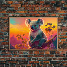 Load image into Gallery viewer, Cute Koala bear at sunset, vaporwave animal art, framed canvas print, framed wall art, ready to hang, synthwave art