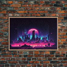 Load image into Gallery viewer, Cyberpunk city skyline superimposed over a sunset, synthwave style dystopian art, framed canvas print