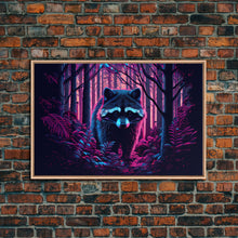 Carregar imagem no visualizador da galeria, Cute racoon in the forest, vaporwave aesthetic animal art, framed canvas print, colorful animal art