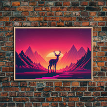 Load image into Gallery viewer, Deer at sunset, outrun style nature animal print, framed canvas print, sunrise art