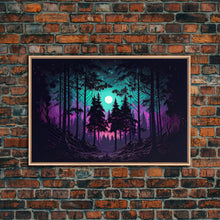 Cargar imagen en el visor de la galería, Fantasy forest art, full moon visible through the trees, framed canvas print, framed wall art