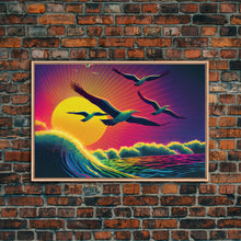 Carregar imagem no visualizador da galeria, Flock of Seagulls, art deco style sun, framed canvas print, synthwave retrowave animal art
