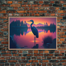 Carregar imagem no visualizador da galeria, A stork standing in a calm lake at sunset, framed canvas print