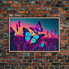 Load image into Gallery viewer, Beautiful turquoise butterfly art, vaporwave aesthetic pastel art, framed canvas print, synthwave art