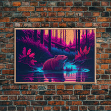 Load image into Gallery viewer, Cute beaver in a river, pink vaporwave art, animal prints, framed canvas print, framed wall art
