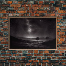 Load image into Gallery viewer, Black and white Watercolor of a starry night sky over the planes of Texas, framed canvas print