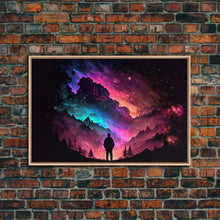 Cargar imagen en el visor de la galería, Contemplating the Universe, retro style space art, framed canvas print, synthwave space decor
