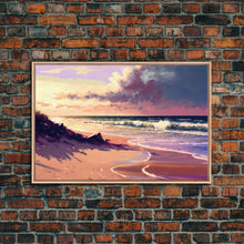 Load image into Gallery viewer, Boho Style Whimsical Beach Art, Framed Canvas Print, Minimalist Modern Farmhouse Decor, Pink Sunset Sky over the beach
