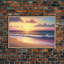 Load image into Gallery viewer, Boho Style Whimsical Beach Art, Framed Canvas Print, Minimalist Modern Farmhouse Decor, Pink Sunset Sky over tide rolling in