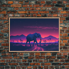 Load image into Gallery viewer, Elephant Art | Framed Canvas Print | Synthwave Style Framed Wall Art | Animal Prints | Elephant Walks Under A Full Moon | Kid's Room Decor