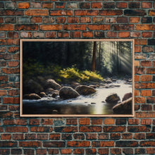 Carregar imagem no visualizador da galeria, A Rocky Stream, Watercolor Art, Serene nature landscape art, framed canvas print, mouth of the river in the morning light wall art