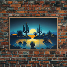 Load image into Gallery viewer, Retro Art Deco Style Pueblo Desert Art, Cactus Desert Landscape under a Full Moon, Framed Canvas Print, Cute Western Decor