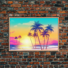 Load image into Gallery viewer, Colorful sunset Wall art, Framed Canvas Print, Synthwave Style, Guest room art, Pop Art Style, Watercolors, Beautiful art, Tropical Art