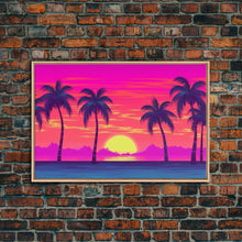 Load image into Gallery viewer, Beach sunset Wall Art, Framed Canvas Print, Colorful painting, Vibrant art, Synthwave Style, Warm Colors, Pop Art style, Tropical art