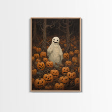 Carregar imagem no visualizador da galeria, Fall Omens - Spooky Ghost In A Pumpkin Patch, Halloween Decor, Fall Art, Framed Canvas Print, Spooky Halloween Decor