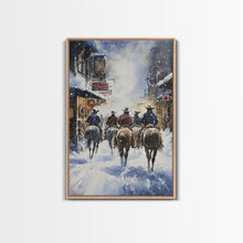 Load image into Gallery viewer, Cowboys Riding Into Town On Christmas, Western Christmas Decor, Framed Canvas Print, Christmas Outdoor Decor, Christmas poster