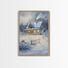 Cargar imagen en el visor de la galería, Christmas Cottage Wall Art, Framed Canvas Print, Winter Wonderland Landscape Print