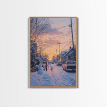 Load image into Gallery viewer, Cozy Neighborhood Christmas Evening with Snowmen and Festive Lights, Perfect for Framed Canvas Print and Holiday Wall Art