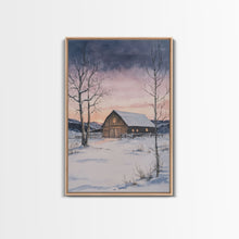 Load image into Gallery viewer, Barn In The Winter, Framed Canvas Print, Winter Landscape Print, Rustic Christmas Art, Primitive Decor
