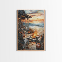 Load image into Gallery viewer, Beach Campfire On The Fall, Framed Canvas Print, Boho Beach Art Nautical Decor, Modern Christmas / Thanksgiving Gift Wall Art