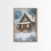 Load image into Gallery viewer, Beautiful Woods Cabin Framed Canvas Print, Extra Large Fall Decor, Mid Century Modern Winter Wall Art, Modern Christmas