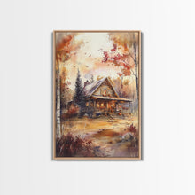 Load image into Gallery viewer, Beautiful Woods Cabin Framed Canvas Print, Extra Large Fall Decor, Mid Century Modern Autumn Wall Art, Modern Christmas