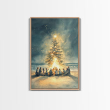 Cargar imagen en el visor de la galería, Christmas Beach Bonfire Framed Canvas Print, Christmas Painting Wall Art, Christmas Handmade Art, Best Gift Christmas Decor