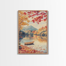 Carregar imagem no visualizador da galeria, Canoe On A Serene Fall Lake, Framed Canvas Print, Autumn Decor, Fall Wall Art, Fall Poster, Autumn Prints Wall Art