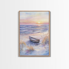 Carregar imagem no visualizador da galeria, Abandoned Canoe On The Beach, Framed Canvas Print, Nautical Decor, Christmas Outdoor Decor, Christmas Prints Wall Art