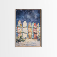 Cargar imagen en el visor de la galería, Christmas Surfboards On A Snowy Beach, Framed Canvas Print, Tropical / Nautical Christmas Art or Gift Idea, Christmas Poster