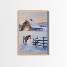 Load image into Gallery viewer, Christmas On The Farm, Winter Wall Art Framed Canvas Print, Gift Idea, Seasonal Decor, Barn Painting, Farmhouse Art